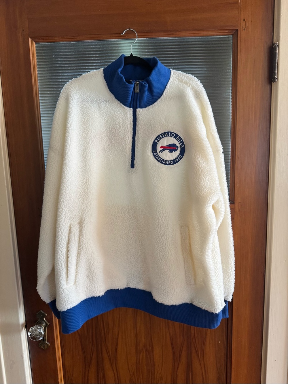 Tommy Hilfiger Cream Sherpa Quarter-Zip with Blue Trim and Patch